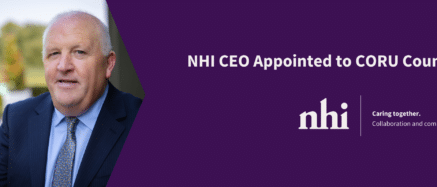 Image of Tadhg Daly, CEO of Nursing Homes Ireland, wearing a suit and tie, with the announcement text 'NHI CEO Appointed to CORU Council' displayed on a professional purple background. The NHI logo and tagline 'Caring together. Collaboration and community.' are included on the right side of the image.